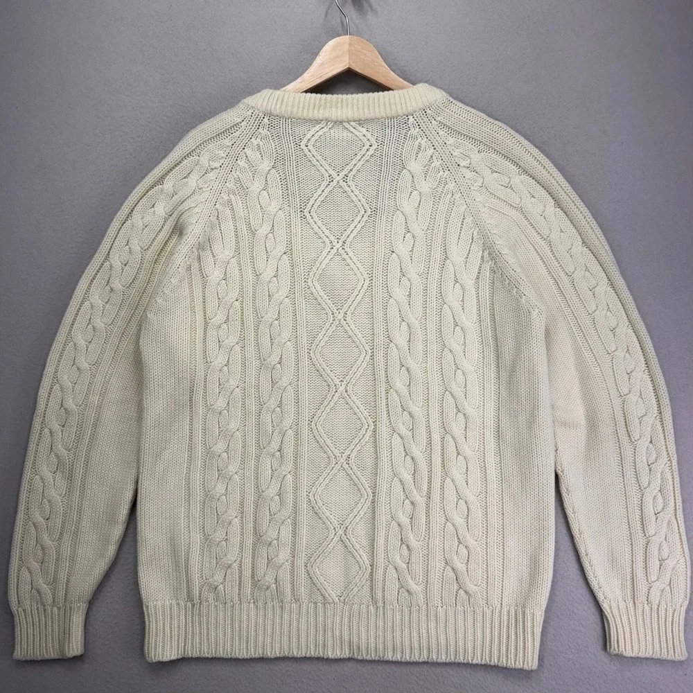 Vintage 80s Kinsport Cricket Sweater sz Large Cream‎ Fisherman V-Neck Cable Knit